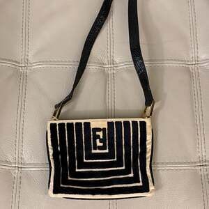 Vintage Fendi Black and Beige Striped Velvet Geometric Shoulder Bag